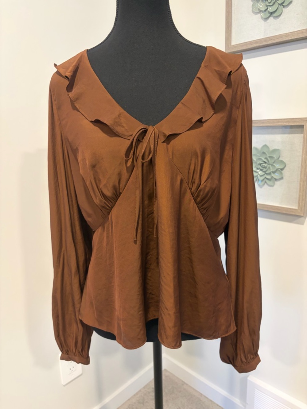 Rose & Olive Rust Brown Ruffle Collar Tie-Front Silky Blouse NWT!